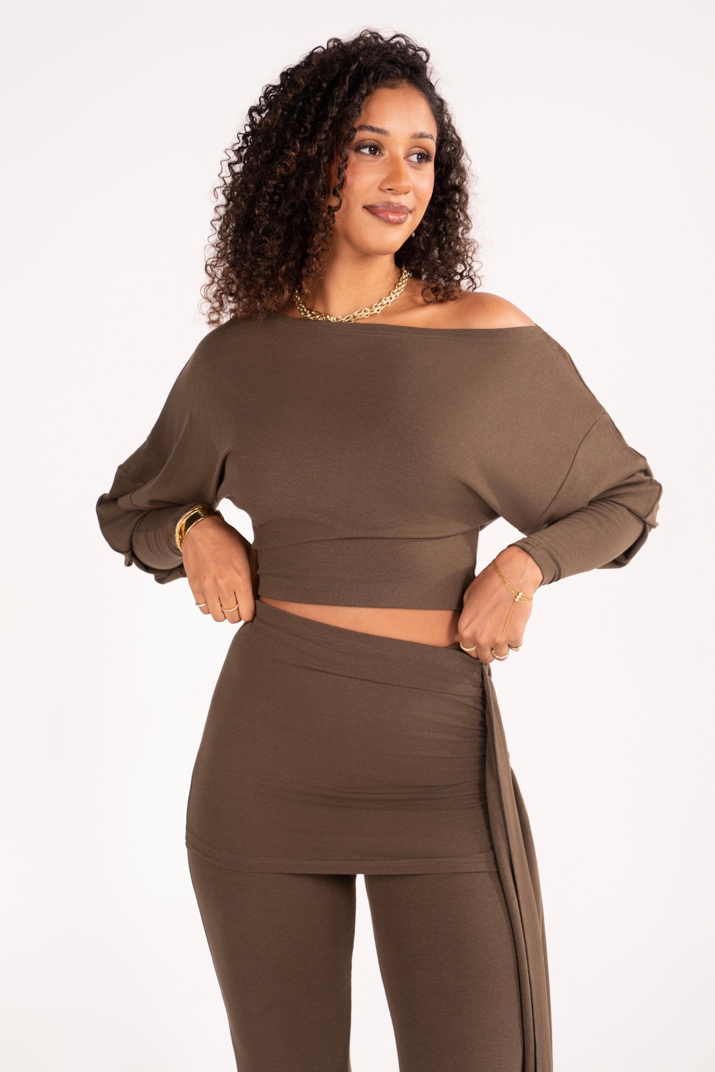 Araminta Olive Drop Shoulder Top & Flared Pant Set with Drape Detail