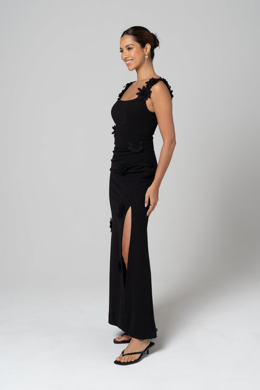 Luciana Black Maxi Dress with 3D Flowers
