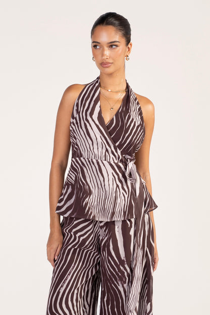 Callan Zebra Print Set - Halter Top & Wide Leg Pants