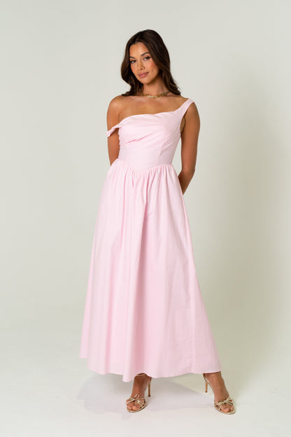 Joanne Pink Drop Shoulder Corset Tie Midi Dress
