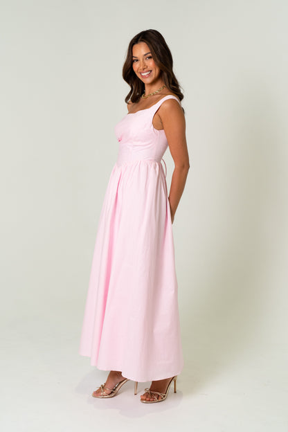 Joanne Pink Drop Shoulder Corset Tie Midi Dress