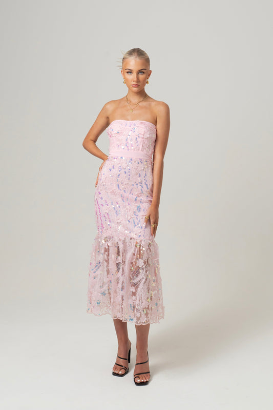 Charlotte Strapless Pink Sequin Midi Dress