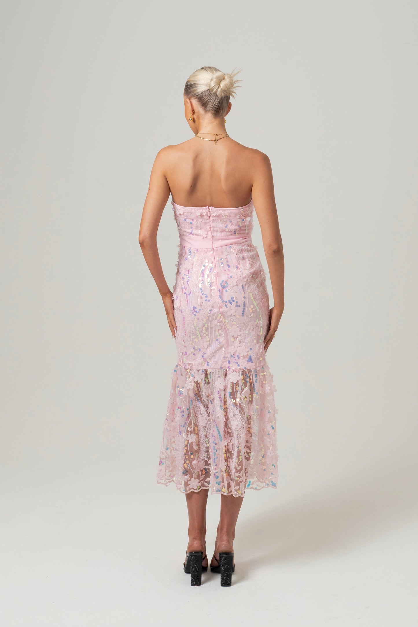Charlotte Strapless Pink Sequin Midi Dress