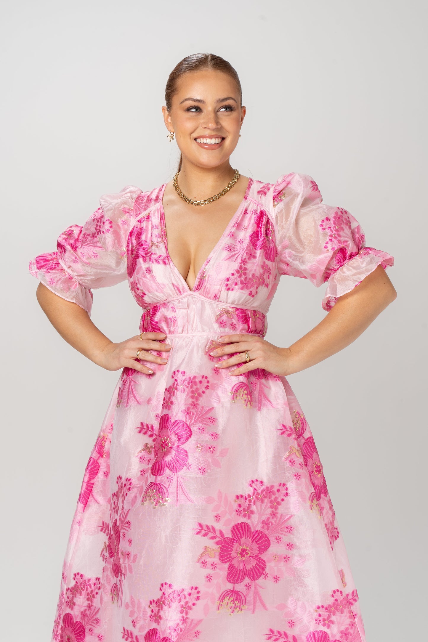 Eleanna Pink Floral Puff Sleeve Maxi