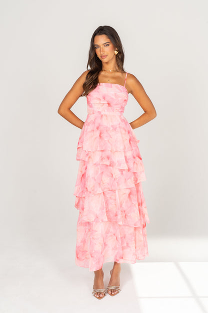 Emilia Pink Floral Tiered Maxi Dress