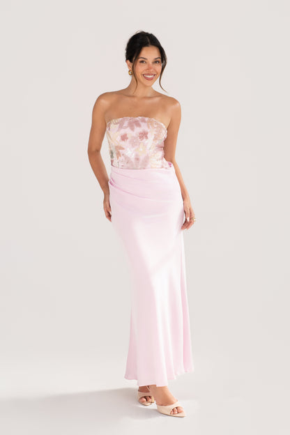 Evren Pink Embellished Sequin Bodice Dress with Satin Skirt