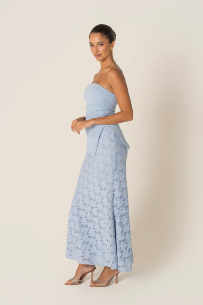 Genevieve Set - Strapless Asymmetrical Hem Top & Lace Midi Skirt