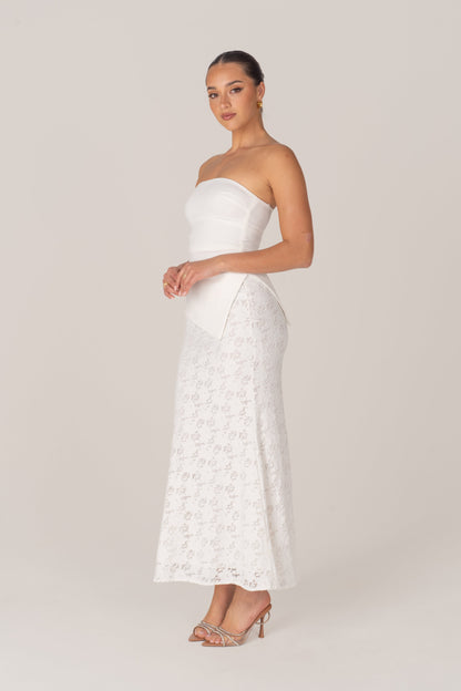 Genevieve Set - Strapless Asymmetrical Hem Top & Lace Midi Skirt