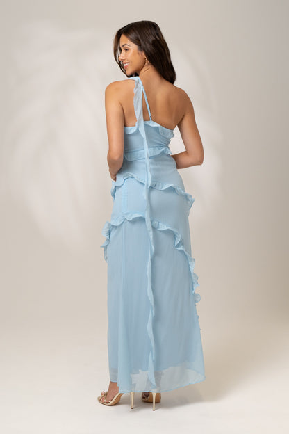 Giselle One Shoulder Blue Ruffle Cocktail Dress