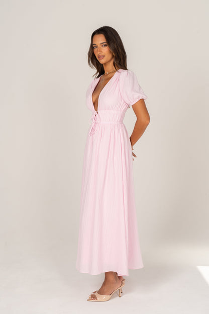 Iliana Pink Puff Sleeve V-Neck Max Dress