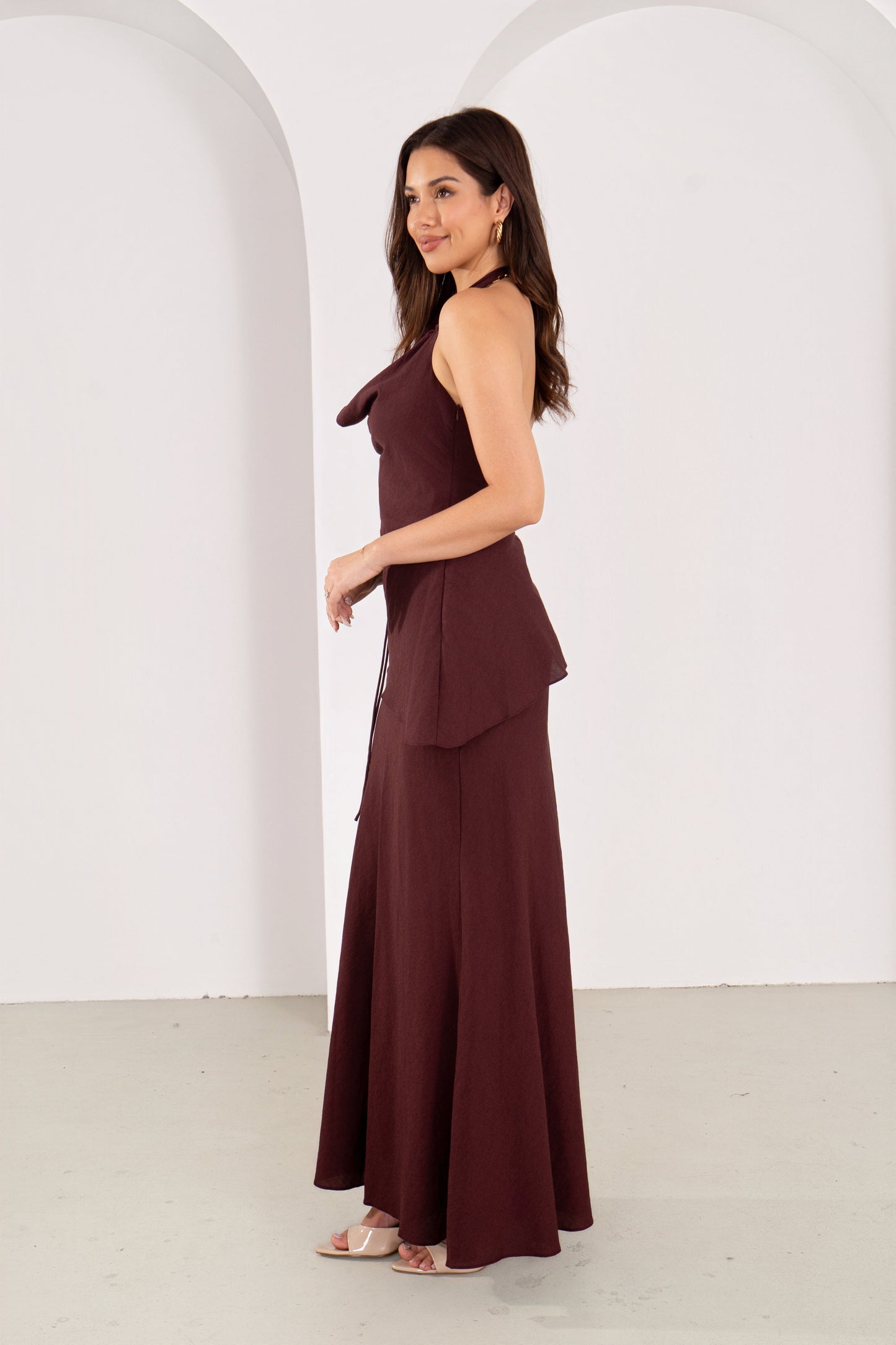Kasmira Wine Halter Top with Tie & Maxi Skirt Set