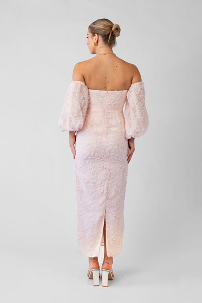 Kylie Off-Shoulder Blush Midi Dress with Puffed Sleeves