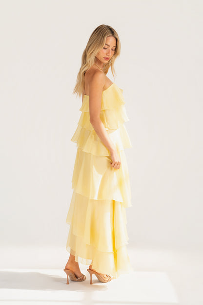 Piper Strapless Yellow Cascading Tier Maxi Dress