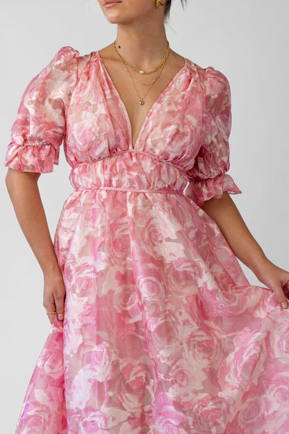 Sammy Pink V-Neck Midi with Puff Sleeves