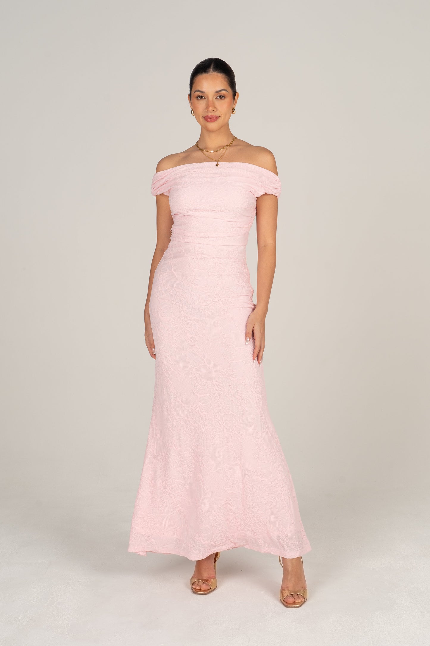 Teagan Off-Shoulder Pink Lace Midi