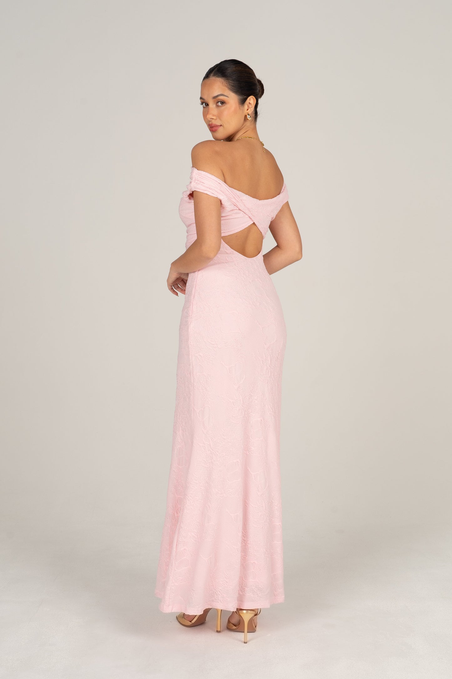 Teagan Off-Shoulder Pink Lace Midi